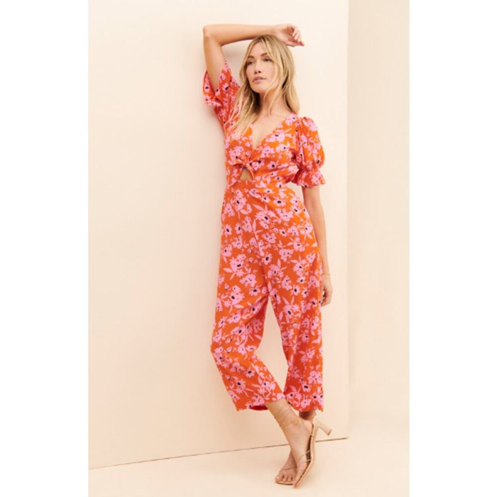 Anthropologie Orange Floral Tie-Front Jumpsuit